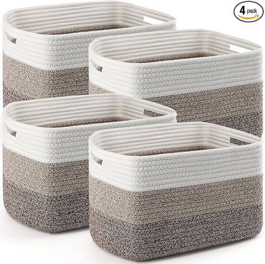 4 Pack Storage Baskets for Organizing, 12''Lx9''Wx8''H Woven Baskets for Storage Toys, Towels, Books, and Clothes, Cotton Rope Basket for Shelves with Handle