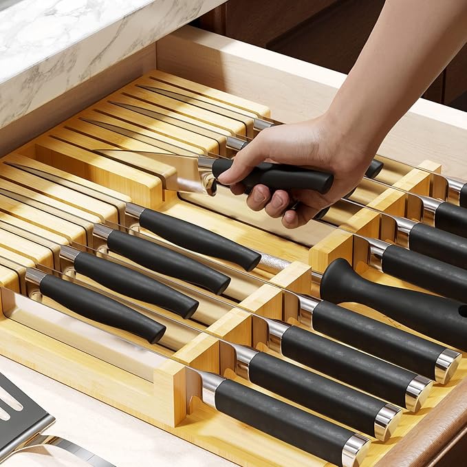 SpaceAid Bamboo Knife Drawer Organizer Insert, Kitchen Steak Knives Holder Organizers Block for Drawer Storage Organization (16 Knife Slots and 1 Sharpener Slot)