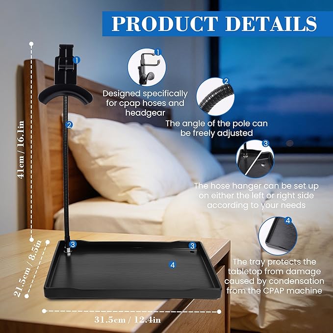 Adjustable CPAP Hose Holder with Protective Mat, USA-Engineered CPAP Tube Management & Headgear Organizer, No-Damage Bedside CPAP Holder for Hose and Mask, Universal Fit for CPAP Machines