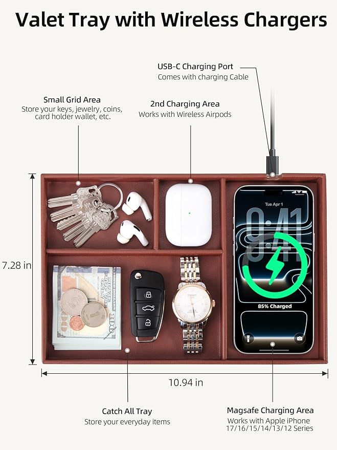Valet Tray, Built in Wireless Charger, Nightstand Organizer, Mens Jewelry Box, Dresser Organizer, Valet Charging Station, Faux Leather Valet Tray for Men and Women, Brown