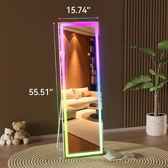 Hasipu 56"x15.7" LED RGB Full Length Mirror with Lights, Full Body Mirror with Stand, Wall Mount & Free Standing Floor Mirror for Bedroom Living Room Cloakroom, 7 Color & Brightness Adjustable