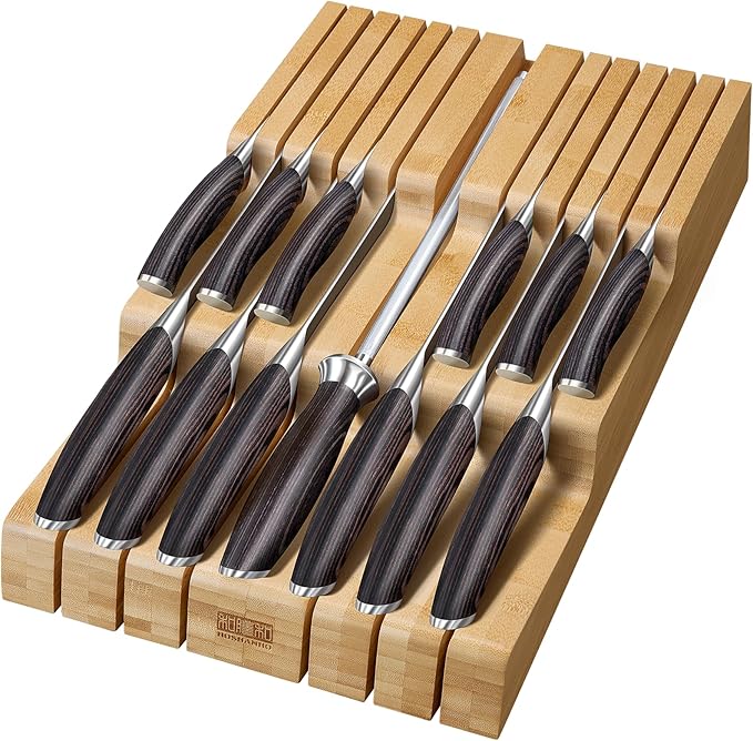 HOSHANHO In-Drawer Knife Block, Large Bamboo Knife Drawer Organizer for 12 Knives, Kitchen Steak Knife Holder for Sharpening Steel, Natural (Knives & Sharpening Not Included)
