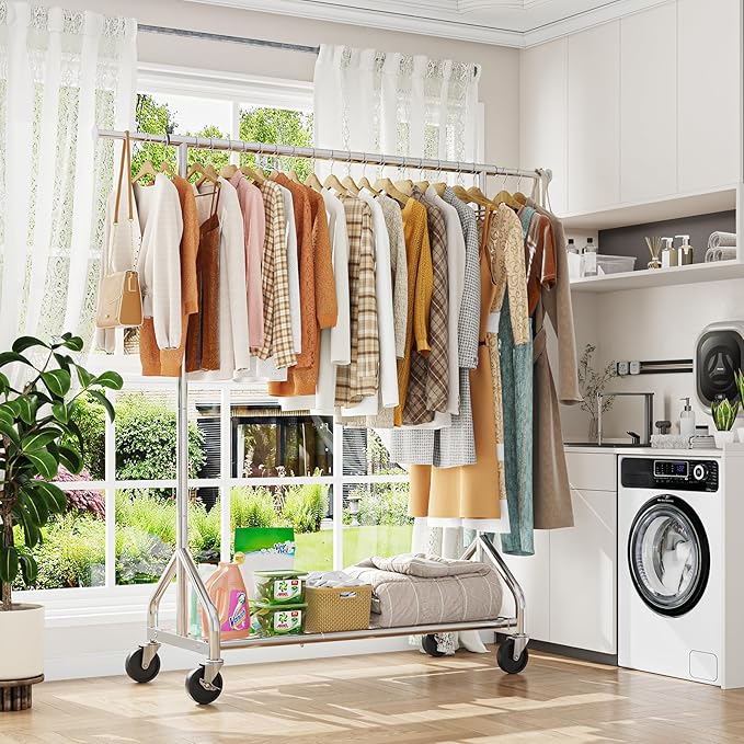 Simple Trending Heavy Duty Clothes Rack Load 450 LBS, Clothing Rack for Hanging Clothes, Garment Rack with Wheels & Shelves, for the Bedroom, Laundry Room