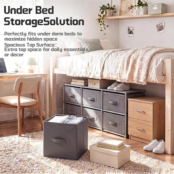 Geetery Under Dorm Bed Cube Organizer Shelf with 6 Cube Fabric Storage Organizer Bins with Handle Dorm Under Bed Closet Drawer for College Essentials Nursery Bedroom Living Room(Grey)