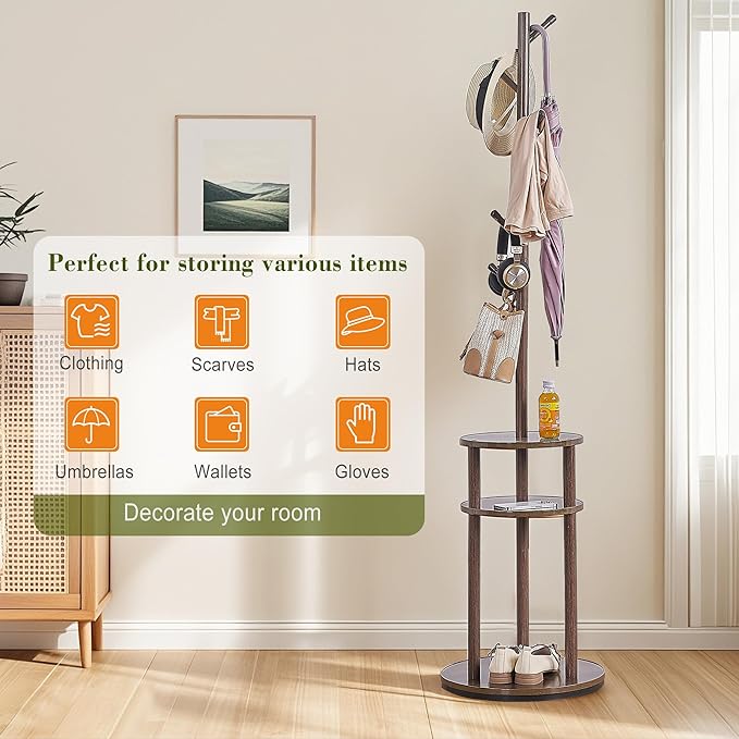 VECELO Coat Rack Freestanding, Entryway Hanger Stand, Umbrella Holder, Hall Tree With Hooks, Floor Standing Metal Tree Stand,Walnut