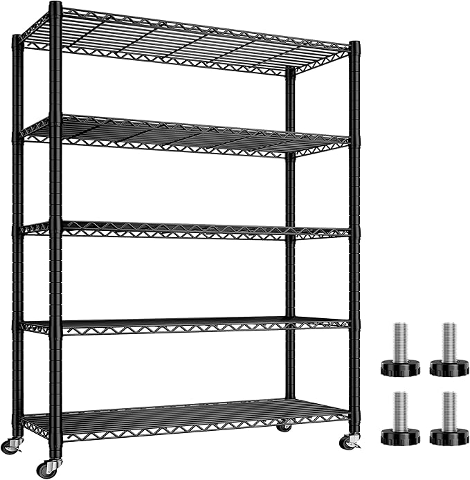REIBII Storage Shelves Load 1980LBS,5 Tier Metal Shelving Unit with Wheels,Adjustable Wire Shelving Metal Storage Shelves Commercial Shelf for Garage Pantry Kitchen,76''HX36''WX16''D Black