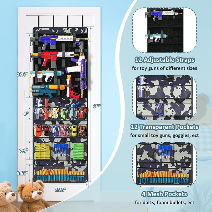 Over The Door Organizer for Toy Guns, Toy Storage, Toys Organizer with Pockets, Hook&Loop Straps for Foam Blasters, Darts, Goggles, Hanging Toys Gun Storage for Kid Rooms, Play rooms, Camouflage
