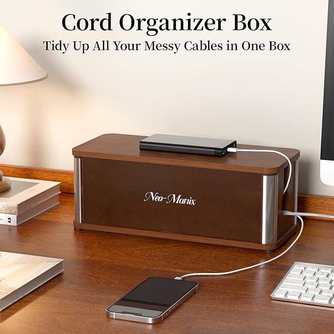Delamu Wooden Cable Management Box, Retro-Inspired Cord Organizer Box for Home Office, Large Cord Hider Box Hides Cords and Power Strips, Floor Cord Covers, 14.3" x 6.0" x 5.5", Dark Brown