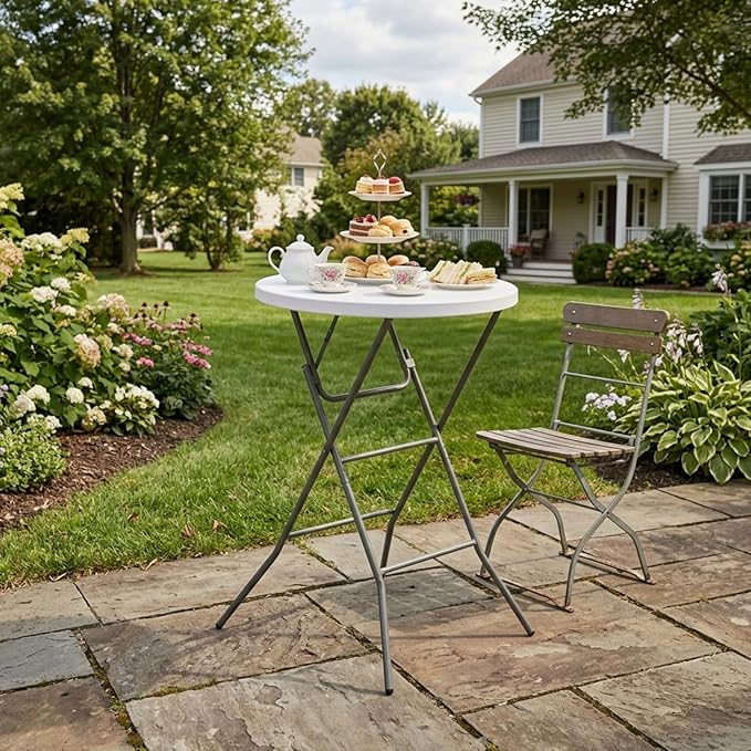 32" Round Folding Table, Portable Bar Height Folding Table with Detachable Legs, Round Foldable Table with HDPE Top for Standing Parties, Balcony, Event, Indoor Outdoor Use (White, 1 Pack)