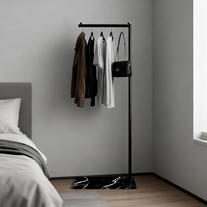 Black Clothing Rack with Marble Base,Freestanding Garment Rack for Hanging Clothes,Modern Coat Rack, Minimalist Clothes Rack for Small Spaces,Bedroom,Entryway,Boutique Display