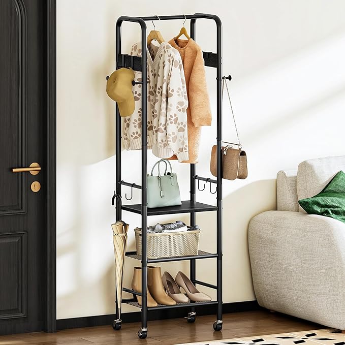 CHOEZON Coat Rack, Freestanding Coat Rack with 3 Shelves, Rolling Garment Rack with Wheels and Hooks, Coat Hanger Stand, Clothes Rack, Hanging Rod, for Entryway, Bedroom, Living Room, Black TYM17BB