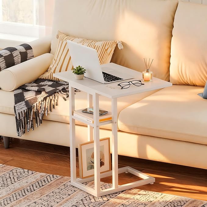 HOOBRO Foldable C Shaped End Table, C Shaped Side Table with Storage Shelf, Small Snack Table, Slide Under Couch Table for Sofa, Living Room Bedroom Small Spaces Easy Assembly, White WW29SF01