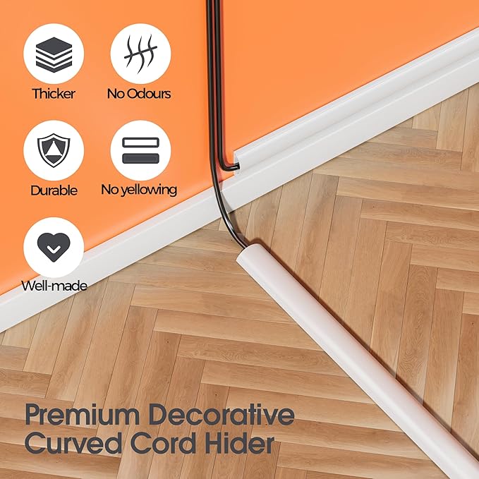 TV Cord Hider Wall, 56.7in Cord Covers for 1-2 Wires on Wall, Self-Adhesive Cable Hider Wire Covers for Cords on Wall, Paintable TV Wire Hider, Curved Decorative Cable Raceway, W1.18 H0.43in, White