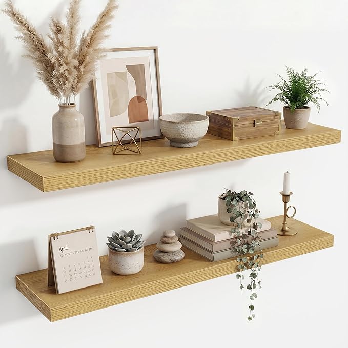 Acovy Floating Shelves for Wall,40 Inch Long Floating Shelves Set of 2,9.3" Deep Floating Shelf for Home Decor,Wall Mounted Bookshelf Large Display Storage Shelf for Bedroom Office Bathroom,Oak