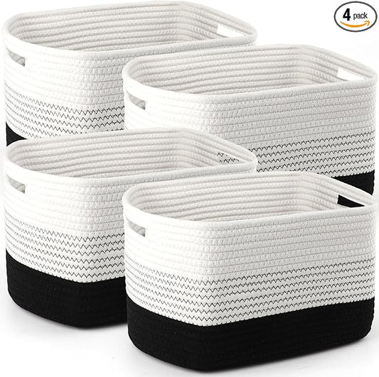 4 Pack Storage Baskets for Organizing, 12''Lx9''Wx8''H Woven Baskets for Storage Toys, Towels, Books, and Clothes, Cotton Rope Basket for Shelves with Handle White & Brown