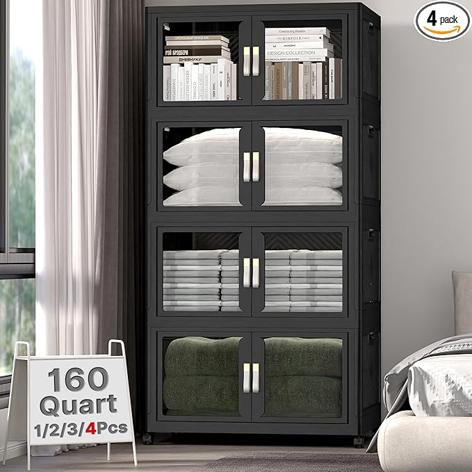 UAMFURI Stackable Storage Bins with Lids, Clear Doors, Large Storage Cabinet Foldable Collapsible Closet Organizers for Bedroom Dorm Office (4, Black, 160, Quarts)