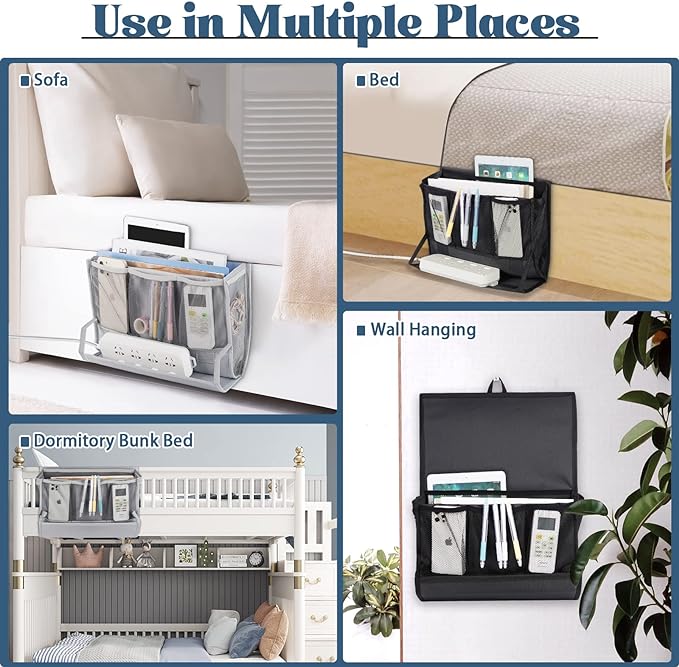 Bedside Storage Organizer with Power Strip Holder and Adjustable Straps Bed Hanging Bag for Home Bunk Bed Dorm Sofa (Black)