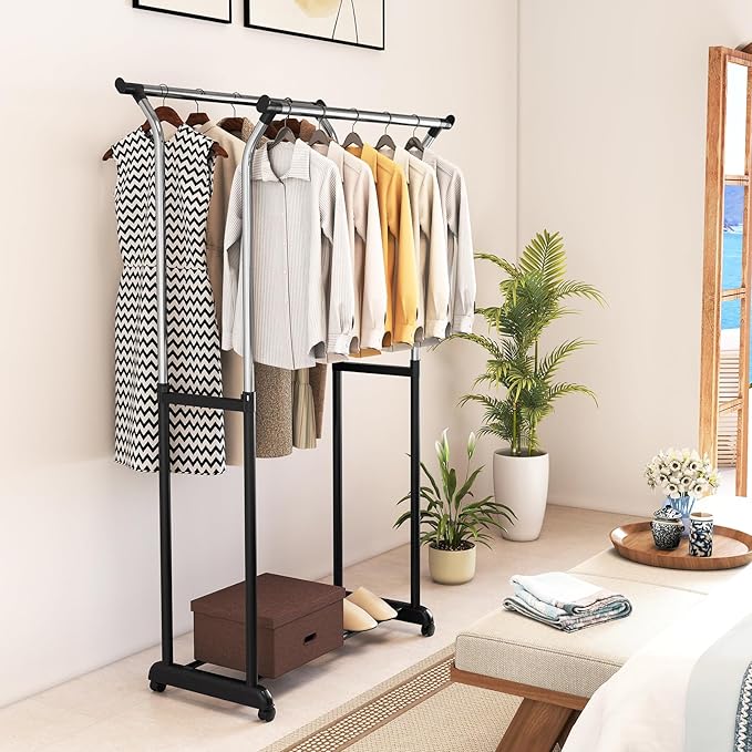 Giantex Double Rod Clothing Rack, Portable Garment Clothes Rack with Adjustable Height & Wheels, Heavy-Duty Metal Rolling Wardrobe Rack for Bedroom, Laundry, Dressing Room
