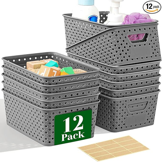12 Pack Plastic Storage Baskets for Organizing, Storage Baskets for Shelves with Handles, Small Storage Bins with Labels, Organizer Baskets for Cabinet,Closet, Office,Gray
