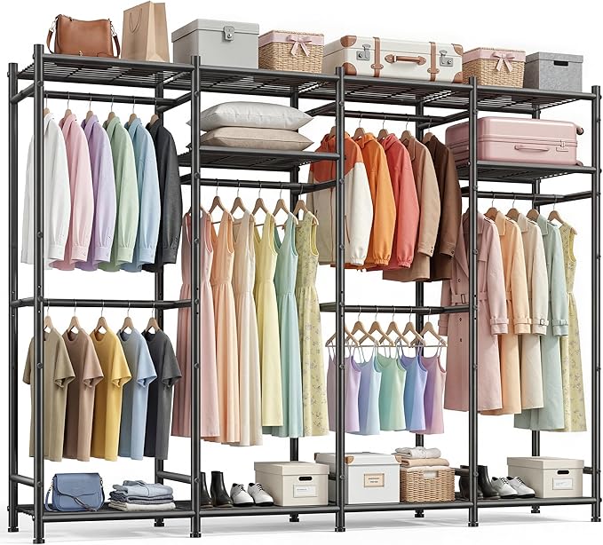 Raybee Clothes Rack, Clothing Racks for Hanging Clothes, Portable Closet with 6 Rods & 10 Shelves, Metal Garment Rack for Bedroom, Freestanding Wardrobe Closet, Black