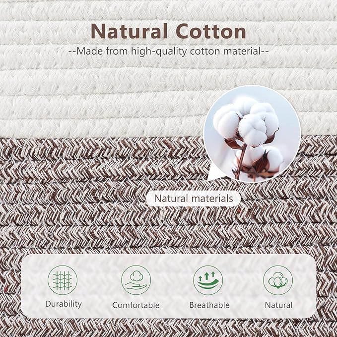 ECDYQXVU Cotton Rope Basket, Storage Baskets with Handle, 15x10x9 Inch Woven Basket for Shelves, Laundry, Towels, Clothes, Books (White Brown 1 Pack)