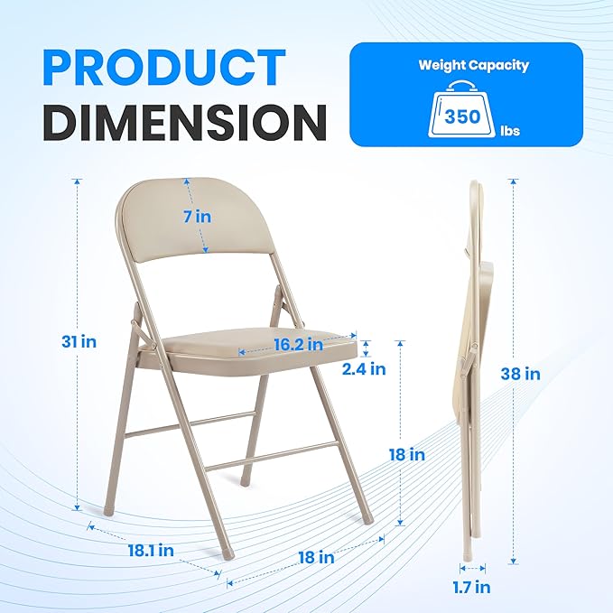 Simple Deluxe 4 Pack Folding Chairs with Leather Padded Cushion Seats & Durable Metal Frame, Comfortable, Foldable, Portable, Commercial Event Seat, Indoor Outdoor for Parties, Home, Office, Kahki