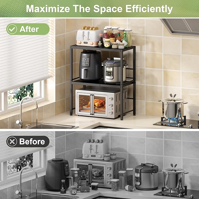 Expandable-Metal-Storage-Shelves-Organizer For Pantry Kitchen Garage, 2-Tier Heavy Duty Shelving Units and Storage For Small Appliance, Adjustable Standing Shelf Riser Rack For Closet Warehouse