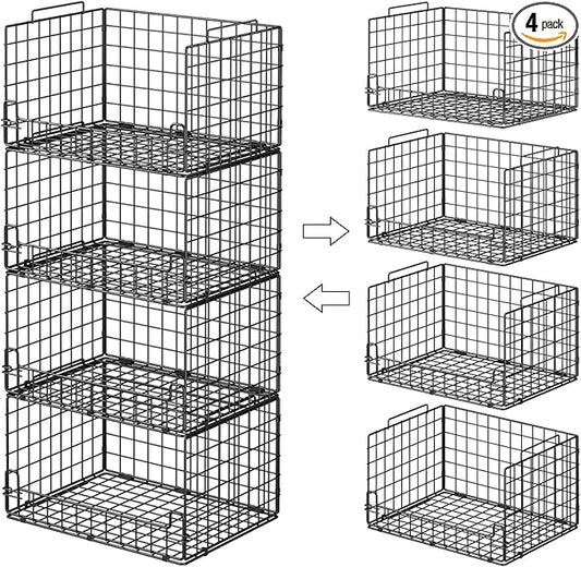 4-Tier Stackable Closet Organizers and Storage Basket - Foldable Closet Shelf Organizer System, Sturdy Metal Space-Saving Clothes Storage Bins for Wardrobe, Black
