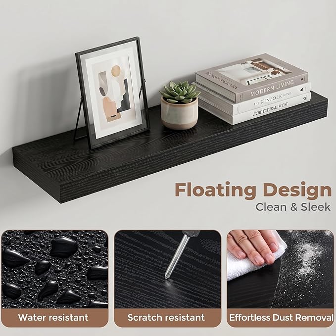 Venusmiles Floating Shelves for Wall, 24 Inch Floating Shelves Set of 2, 6.5" D Wooden Wall Mounted Display Shelves with Invisible Brackets for Living Room, Bedroom, Bathroom, Kitchen Decor, Black