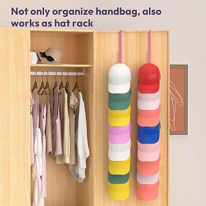 SWTYMIKI Over the Door Purse Organizer - 2 Packs Wall Mounted Purse Rack with 8 Hooks Design, Hanging Handbag Organizer Storage Holds up to 16 Bags, Bag Rack for Closet, Door(Pink)