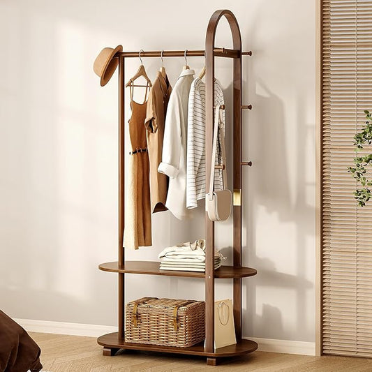 31.5" Wide 3-in-1 Freestanding Clothing Rack,Wooden Coat Rack with 2 Shelves and 6 Hooks,Solid Rubber Wood Coat Rack with Shelves for Entryway, Bedroom, Living Room, Walnut