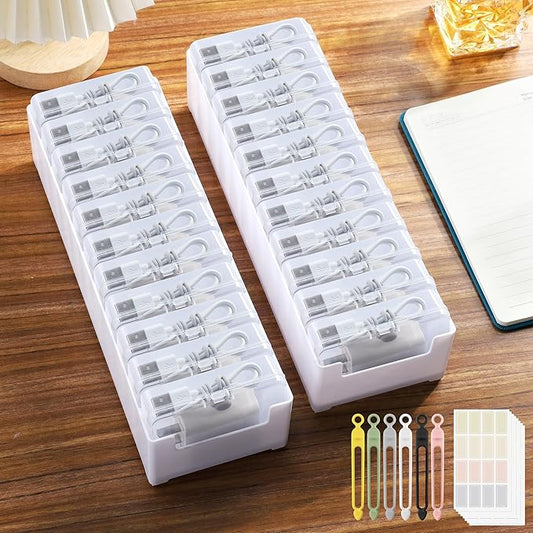 2 Pack Cable Organizer Storage Box with Wire Ties, Desktop Charger Cord Storage Organizer Box, Charger Organizer with Clear Cases Stickers for Office Home Storage Stationery Supplies, Large