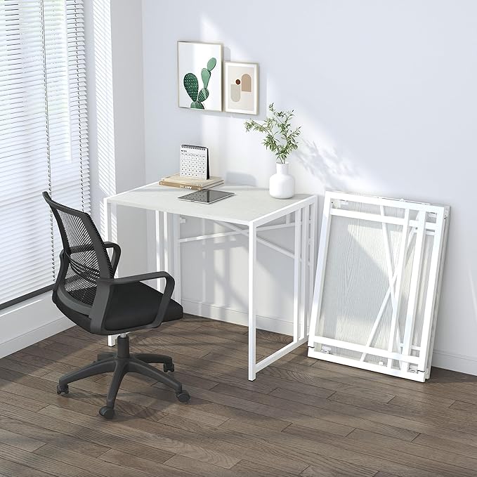 Lutown-Teen Small Folding Desk 32 inch, No Assembly Required Small Office Desk, Writing Gaming Computer Camping Desk, White
