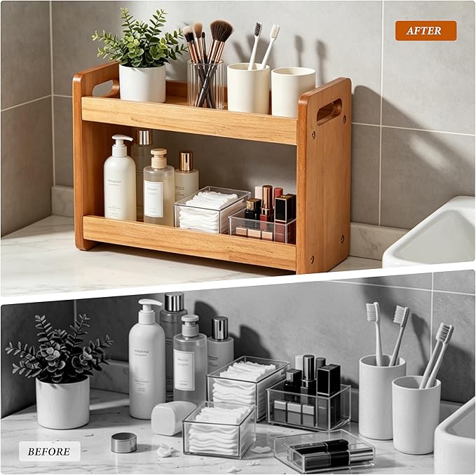 Bathroom Counter Organizer, 2 Tier Bathroom Countertop Organizer, Bathroom Counter Shelf, Wooden Makeup Organizers Countertop, Bathroom Vanity Organizers and Storage for Bedroom, Gifts