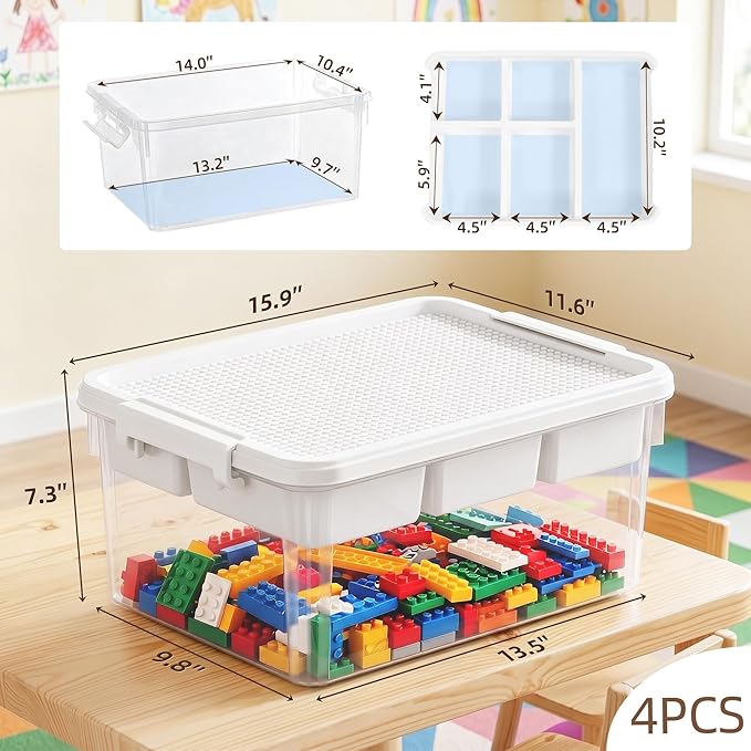 Citylife 17 QT Storage Bins with Building Baseplate Lid and Removable Tray Large Plastic Storage Bins Lego Organizers and Storage Bead, Tool, Sewing, 4 Packs