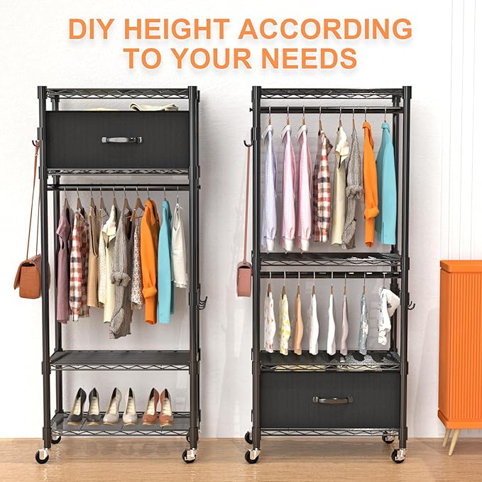 VyGrow Clothes Rack, Clothing Rack for Hanging Clothes, 4 Tiers Adjustable Closet Organizer System with Drawer | Double Rods | Side Hooks | Load 445lbs | 23" L x 13.18" W x 78.74" H | Black