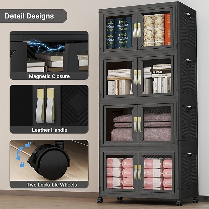 UAMFURI Stackable Storage Bins with Lids, Clear Doors, Large Storage Cabinet Foldable Collapsible Closet Organizers for Bedroom Dorm Office (4, Black, 120, Quarts)