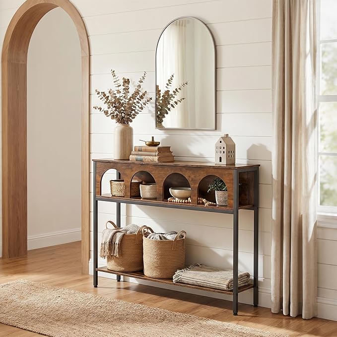 HOOBRO Modern Console Table, Entryway Table with 3-Tier Storage, Narrow Sofa Table Behind Couch with Arched Design for Living Room, Entrance, Hallway, Rustic Brown and Black BF106XG01