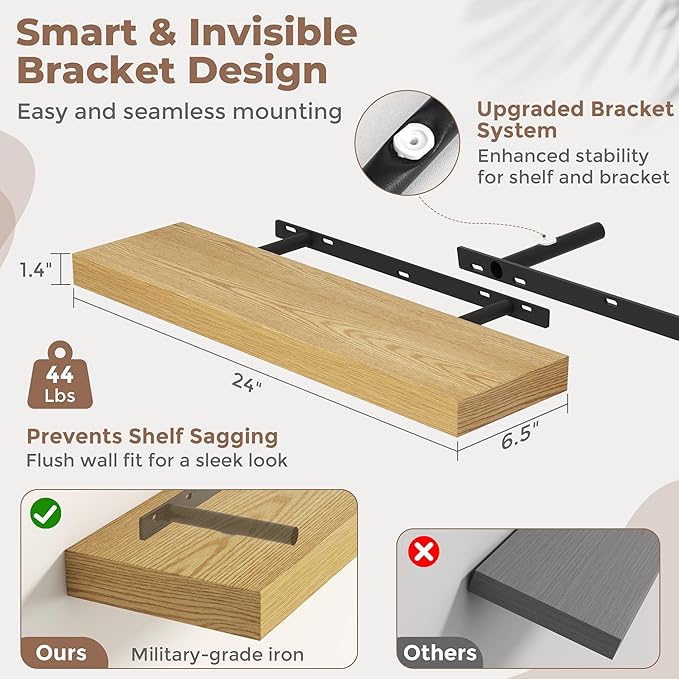 Venusmiles Floating Shelves for Wall, 24 Inch Floating Shelves Set of 2, 6.5" D Wooden Wall Mounted Display Shelves with Invisible Brackets for Living Room, Bedroom, Bathroom, Kitchen Decor, Oak