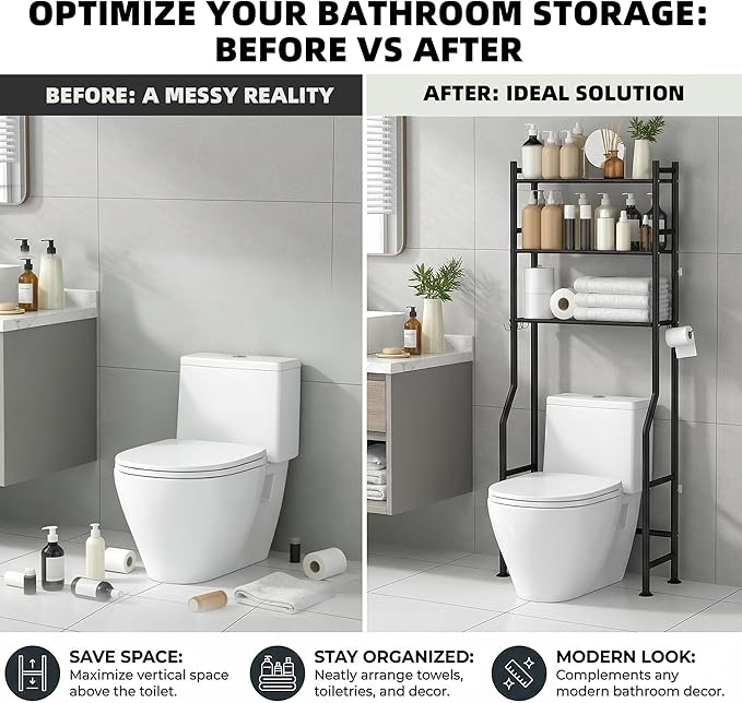 GloTika 3-Tier Over Toilet Storage with Anti-Tilt Safety System - 150lb Total Capacity Metal Bathroom Shelves Including Paper Holder & 4 Hooks, Space Saving Above Commode Organizer (64" H, Black)