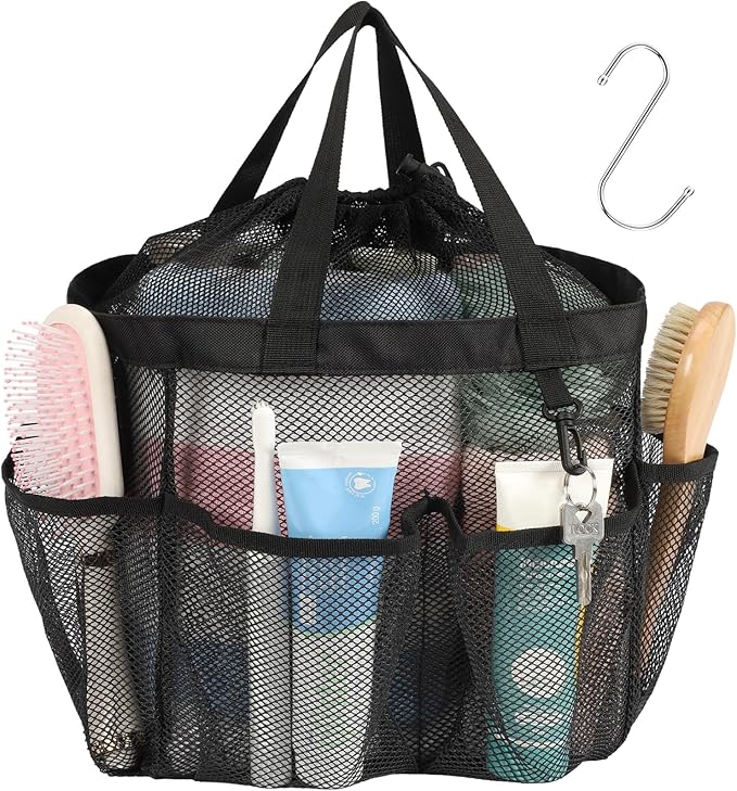 F-color Mesh Shower Caddy Portable with Drawstring, S Hook - 8 Deeper Pockets 2 Handles College Dorm Room Essentials for Girls Guys, Shower Bag Hanging for Camping Gym Travel Toiletry Bathroom, Black