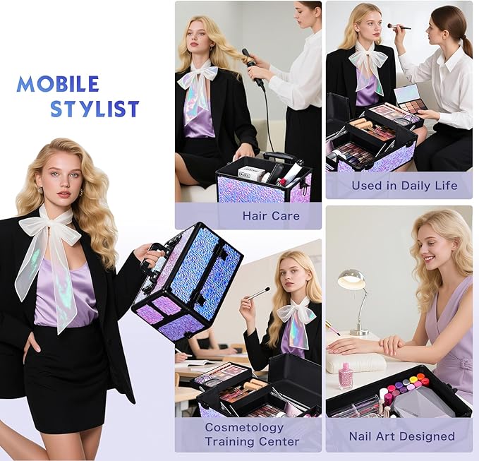 Stagiant Rolling Makeup Case Cosmetology Case on Wheels 4 in 1 Makeup Travel Case Extra Large Cosmetic Box with Key Make Up Artist Traveling Storage Nail Case Salon Barber Cart Trunk Shiny Purple