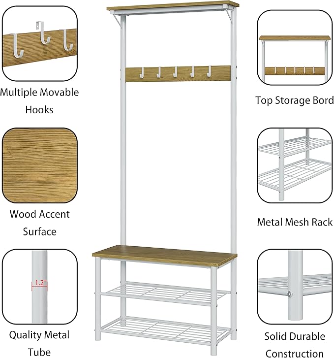 Hall Tree with Bench and Shoe Storage, 3-in-1 Coat Rack Shoe Bench, Freestanding Wooden Coat Rack with Metal Frame, 3-Tier Storage Shelf and 5 Removable Hooks, White