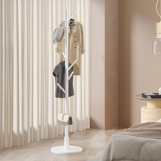 VECELO Coat Rack Freestanding, Entryway Hanger Stand, Umbrella Holder, Hall Tree With Hooks, Floor Standing Metal Tree Stand,White