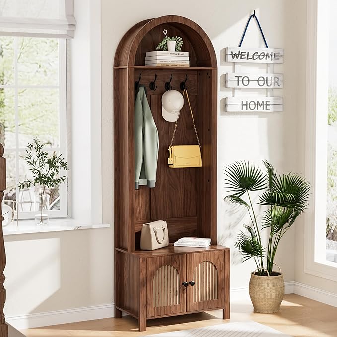 Hall Tree with Bench and Shoe Storage, Entryway Storage Bench with Coat Rack, 70.9"Arch Coat Rack with 4 Hooks and 2 Fluted Doors, Farmhouse Style Furniture Organizer for Hallway (Walnut, 23.7"W)