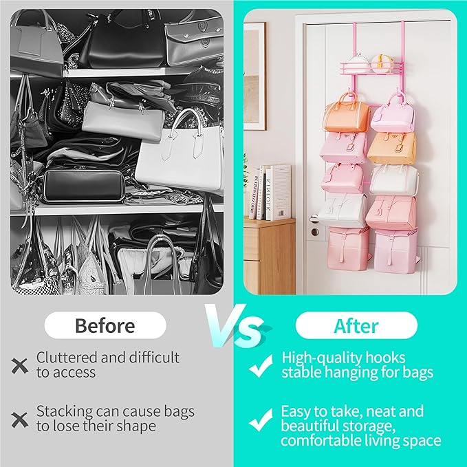 HapiRm Over the Door Purse Organizer - Wall Mounted Purse Rack with 10 Hooks and Metal Basket, Hanging Handbag Organizer Holds up to 10 Bags, Bag Rack Can Use As 1/2 Part, for Door, Closet (Pink)