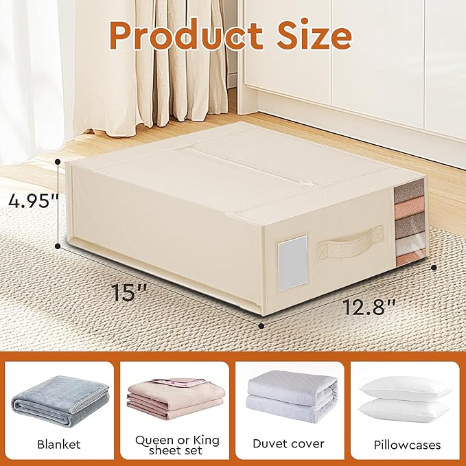 StorageTastic 2 Pack Bed Sheet Closet Organizers and Storage,Sturdy Foldable Storage Containers with Window and Label,Storage and Organization for Bedding Sheets,Duvet Covers,Blankets (Beige)