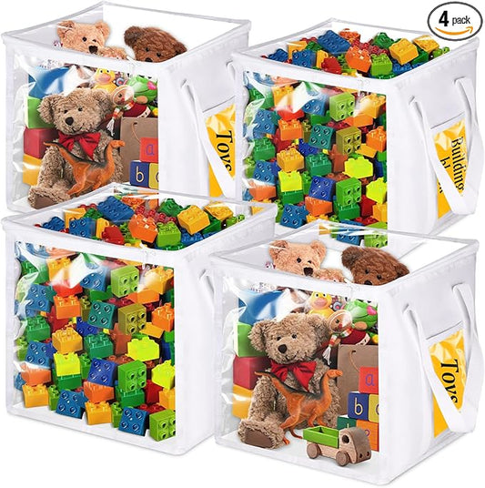 4 Pack Clear PVC Storage Bins with Handles - 12" x 12" Cube Storage Bins Foldable Transparent Storage Box, PVC Organizer Boxes for Clothes, Toys and Stuffed Animal Storage (White)