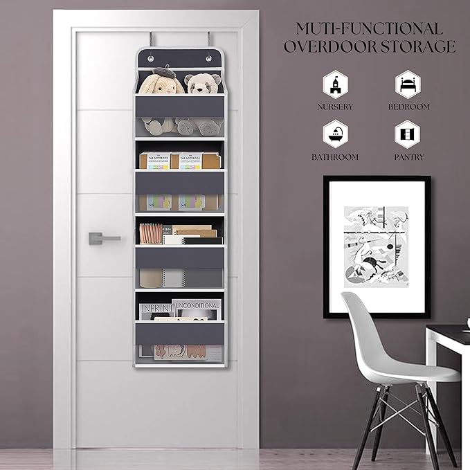 TYMENSH Gray Over Door Organizer with 4 Large Clear Pockets, Neutral Hanging Door Storage for Closet, Bathroom, Bedroom, Dorm, Nursery, Toys, Toiletries, Baby Essentials