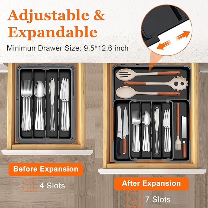 Spaclear Silverware Organizer - Expandable Kitchen Drawer Organizer, Utensil Drawer Organizer, Adjustable Plastic Flatware and Cutlery Holder, Kitchen Organizers Storage for Forks Knives, Black